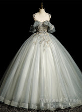 Green Tulle Off Shoulder Ball Gown Beaded Sweet 16 Dress, Green Tulle Formal Dress